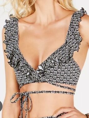 SUNDAZED Women's Ditsy Black Floral Ruffle Wrap Swim Crop Top. Size 34C